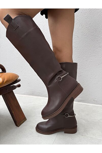 Elvinin Tarzı Nesta Acı Kahve Deri Aksesuar Detaylı Çizme