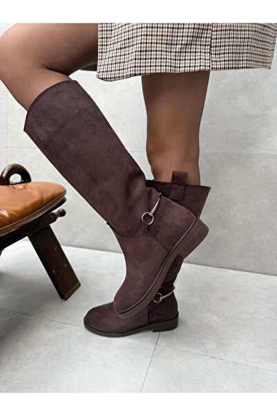 Elvinin Tarzı Nesta Bitter Brown Suede Boots with Accessory Detail