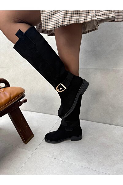Elvinin Tarzı Karlen Black Suede Buckle Detailed Boots