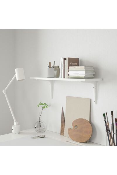 IKEA Duvar Rafı 59x20 Cm Ahşap Raf Dekoratif Ayaklı Kitap Rafı Beyaz Renk
