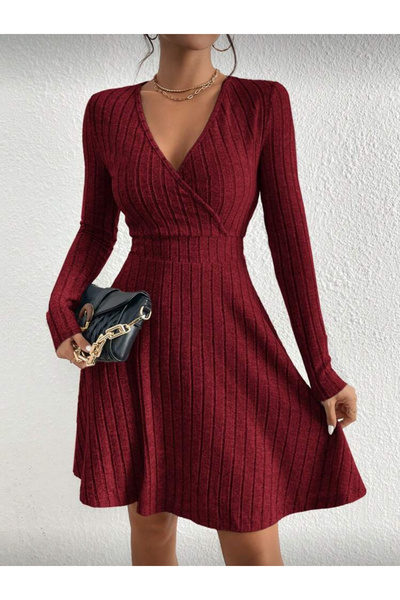 LUVIENNA Rochie din material subțire cu decolteu în V, cu mâneci lungi, textu...