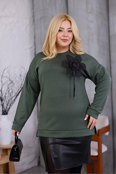 Siyezen Plus Size Modal Fabric Sweatshirt with Floral Accessories