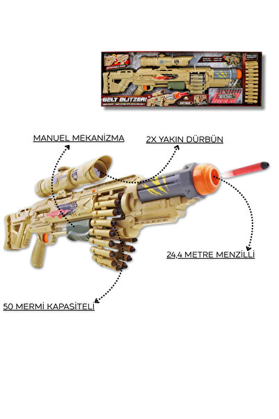 welcomein Belt Blitzer Sünger Dart Atan Silah 50 Mermi Kapasiteli 24.4 Metre Menzilli Manuel Oyuncak
