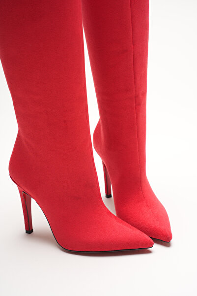 Ayakkabı Ateşi Women's Pointed Toe Zipperless Thin Heeled Below-The-Knee Boots Monias Red Cowhide Suede