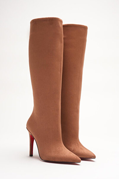 Ayakkabı Ateşi Γυναικείες μπότες με μυτερή μύτη χωρίς φερμουάρ με λεπτό τακούνι κάτω από το γόνατο Monias Tan Suede από δέρμα αγελάδας