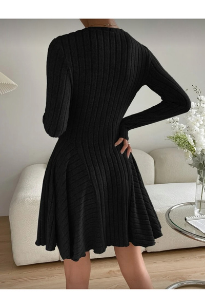 LUVIENNA Women's Black Corded Fabric Knitted Long Sleeve Dress