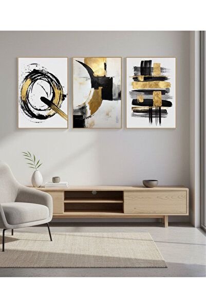 Linacci Triple Gold Metal Frame Black Yellow Abstract Poster Glass Painting Set