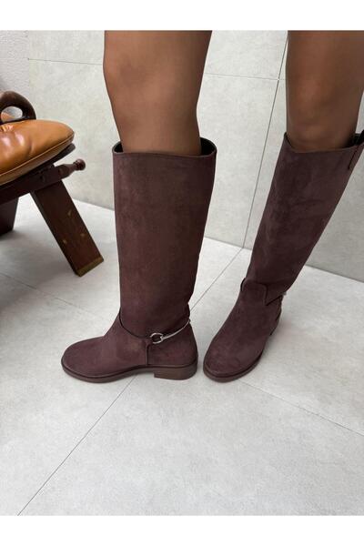 Elvinin Tarzı Nesta Bitter Brown Suede Boots with Accessory Detail