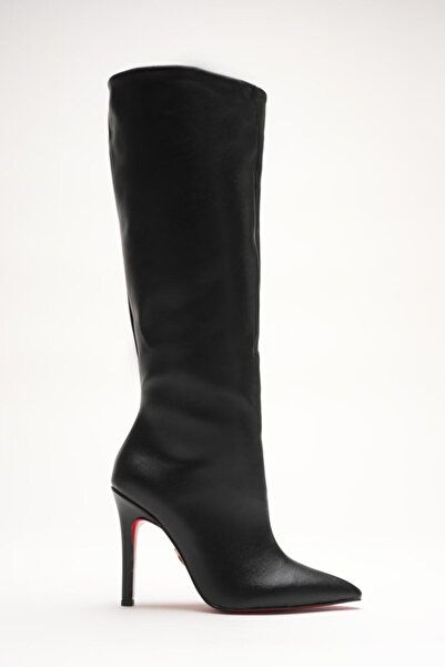 Ayakkabı Ateşi Жіночі гострі черевики без застібки на тонких підборах нижче коліна Monias Чорна шкіра