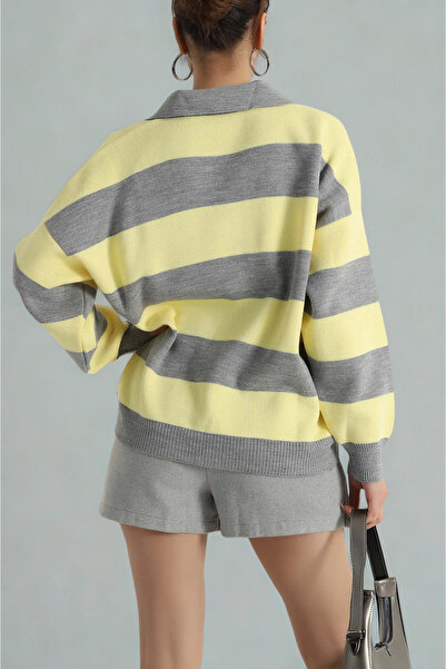 AURRARİ Polo Yaka Gri Sarı Çizgili Triko Kazak
