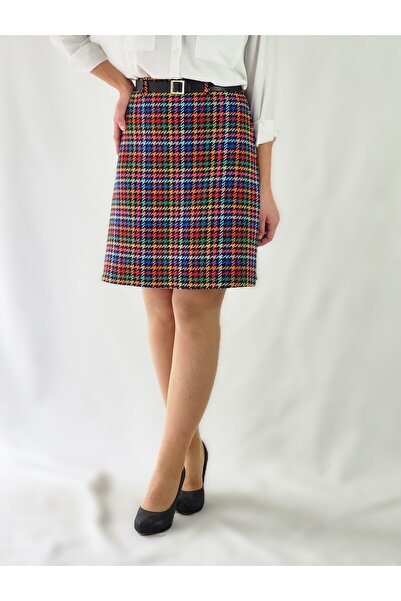 YAXİ High Waist Woven Fabric Knee-Length Colorful Hawkshawn Patterned A-Line Skirt