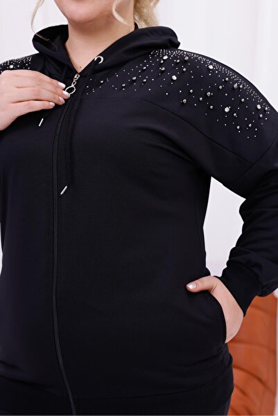 Siyezen Plus Size Pearl Patchwork Detailed Tracksuit Set