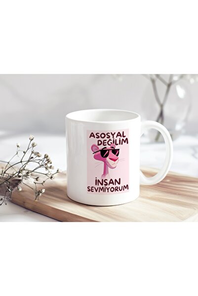 Beramussa Asosyal Değilim İnsan Sevmiyorum Yazılı Komik Pembe Panter Kupa Bar...
