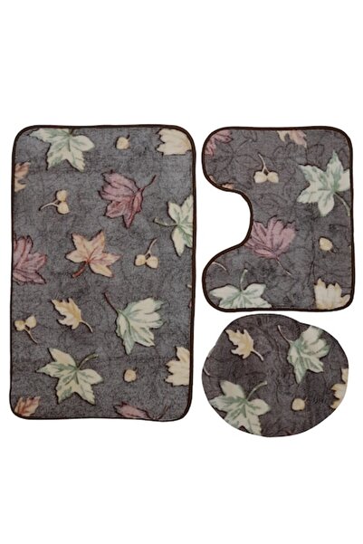 RAY Bathroom mat set, brown-pink with colorful leaves, 3 pieces