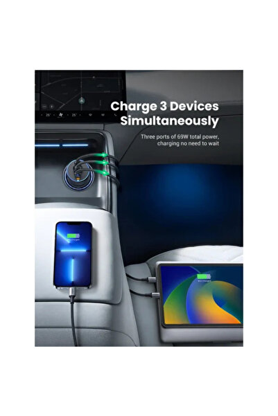 Ugreen Car Chager Fast Charge 2 USB-C and USB Ports 75W - Gray