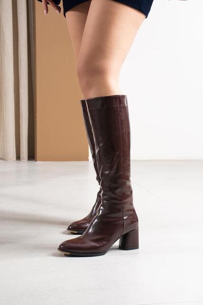 FSKOMBİN Long Women's Burgundy Patent Leather Thick Heeled Boots