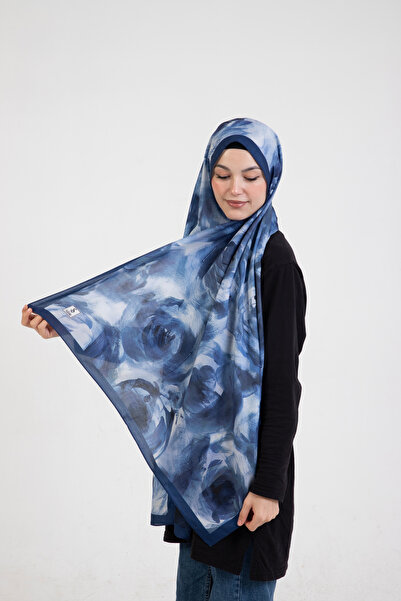Sible Collection Gül Desenli "Rosa" İpeksi Soft Şal Mavi