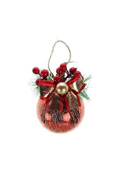 ANTBRO Ornament de Crăciun - glob roșu cu fundă argintie și crenguță de ilex,...