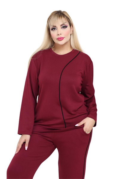 MELSAY Дамски спортен екип с червени ивици от модал в големи размери