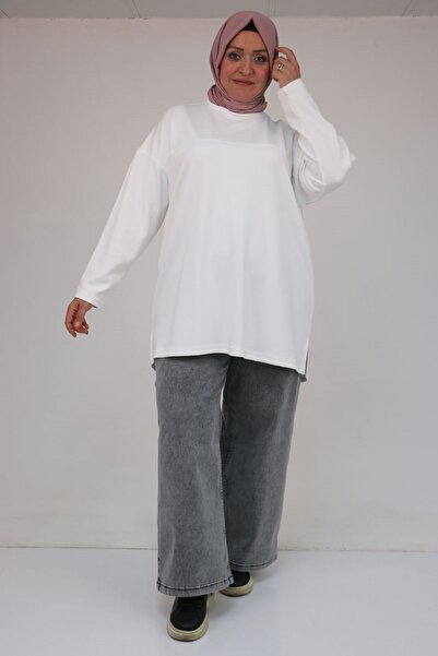 Eslina 58132 Large Size Modal Tunic with Open Front Detail - Ecru