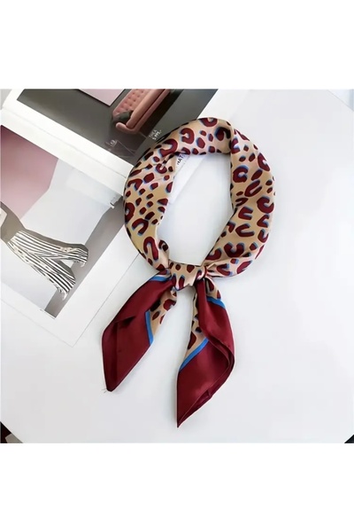 Accessories Hei Leopar Desenli Kırmızı Şık İpek Görünümlü Kadın Aksesuar Eşar...