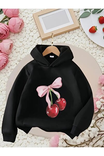 oneagılyazı سويت شيرت بناتي باللون الأحمر الكرزي والفيونكة مطبوع بغطاء رأس