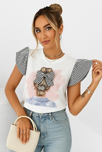 OEM Women's T-shirt, white with black stripes, puff sleeves, feminine print, S-M INTL
