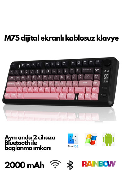 ATAsoft ELEKTRONİK Since 2021 Freewolf M75 Kablosuz BT1+BT2+2.4Ghz Oled TFT Ekranlı Rainbow Aydınlatmalı Gaming Oyuncu Klavye