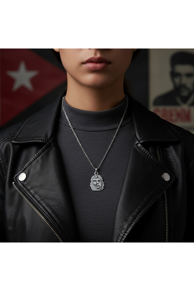 Alooya Özgür Che Guevara Kolye Gümüş Kaplama Düz Zincir Kolye