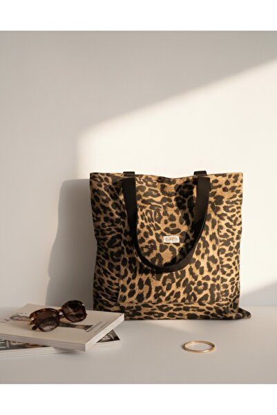 in steilla Leopar Desenli Kanvas Kumaş Bez Çanta..