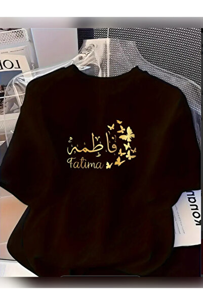 TİMİSİVA تي شيرت أسود للجنسين قصة فضفاضة FATIMA مطبوع مصنوع من القطن برقبة دا...