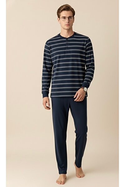 Free Beka Σετ ανδρικής πιτζάμα με μακρυμάνικο μπλε ναυτικό μοτίβο με ρίγες από 100% βαμβάκι