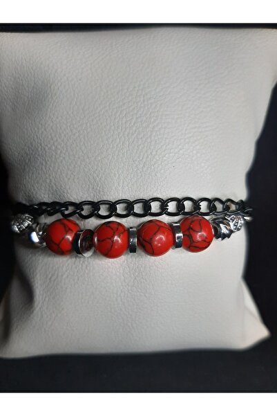 MRYart Adjustable Bracelet Designed with Red Howlite Stone and Metal Chains