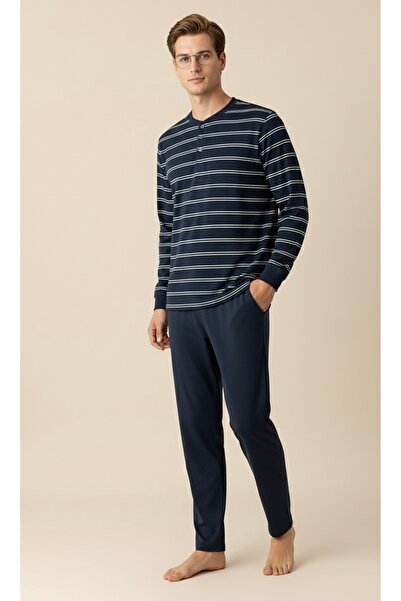 Free Beka Σετ ανδρικής πιτζάμα με μακρυμάνικο μπλε ναυτικό μοτίβο με ρίγες από 100% βαμβάκι
