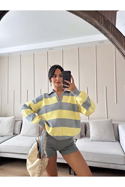 Jose Clothing Women's Rugby Striped Polo Neck Long Sleeve Knitwear Sweater