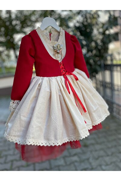 Sare Çocuk Giyim Red Vest Lace-Up Linen Baby Vintage Dress and Bandana