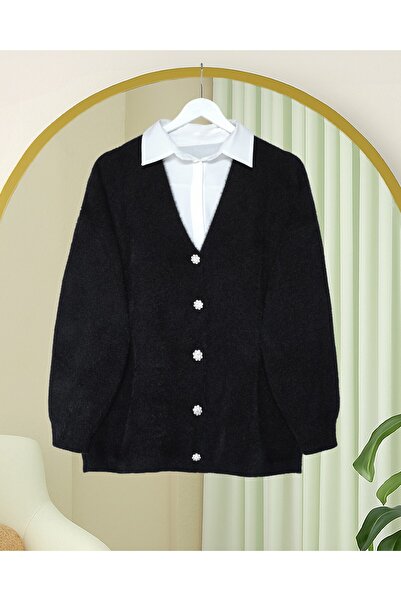 Modamorfo Buttoned Front Bearded Loose Knit Cardigan - Black