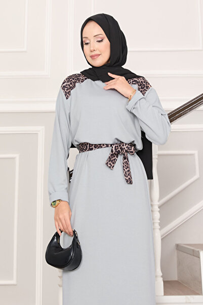 EBRUTESETTÜR Shoulder Leopard Paneled Soft Dress with Belt