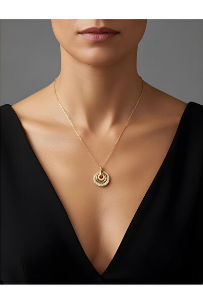 Store Yüzde Yüz Çelik Zincirli Altın Kaplama Zirkon Taşlı Kolye