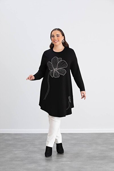 MODA Çiçek Detaylı Taşlı Esnek Büyük Beden Kadın Tunik Bluz