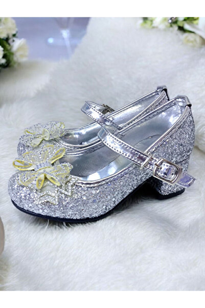 PATİK BEBE Girls' Mini-Heel Silver Color Fancy Bow Stylish Heel Shoes