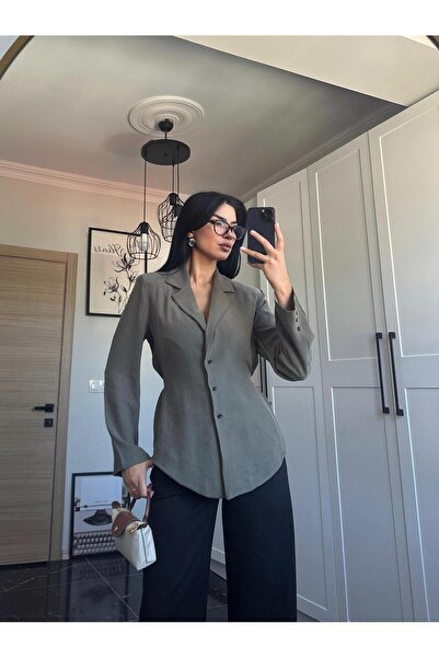 Gizuu Omuz Vatkalı Belden Bağlamalı Haki Blazer