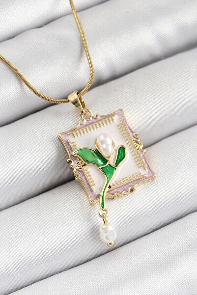 N!da Jewelry Çelik Sallantılı İnci Detaylı Sanatsal Lale Portre Kolye