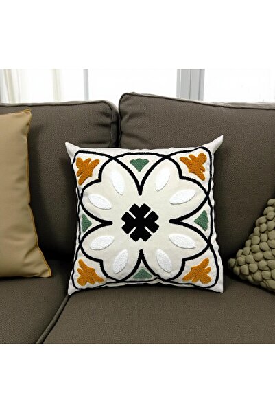 HD HOME COLLECTİON Linen Fabric Geometric Series Black-Mustard Detail Punch Throw Pillow Cover 43*43 cm