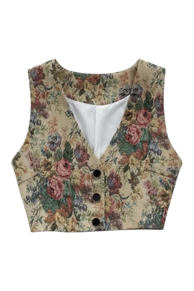 Valoria Stil Vintage Çiçek Desenli Astarlı Crop Yelek