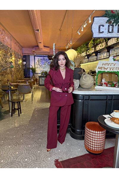 SUXİRCNHTMTS Double Kumaş Gümüş Düğmeli Gül Detaylı Kadın Takım Elbise