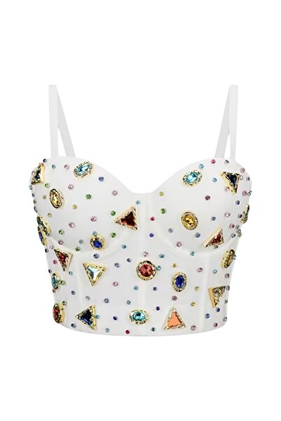 Valoria Stil Beyaz Renkli Taş Detaylı Büstiyer Korse