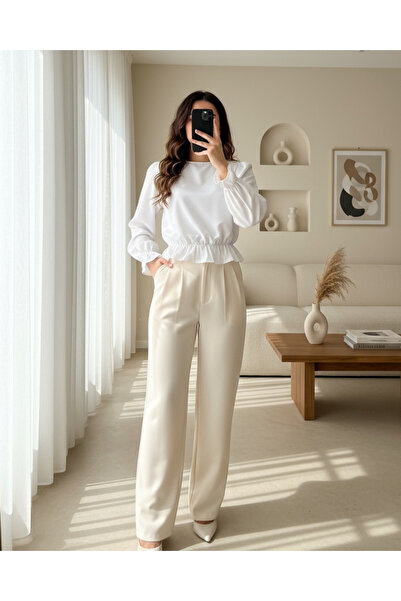 MissRunin Manşeti Fırfırlı Beli Büzgülü Poplin Bluz