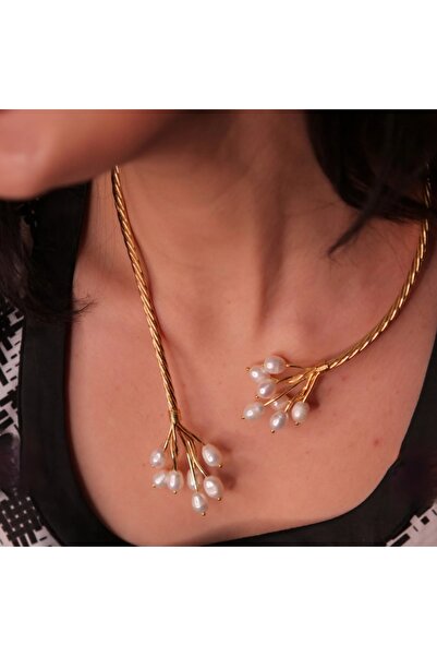 ByNeval 22K Altın Kaplama Tel İşlemeli Doğal İnci Kolye – Ayarlanabilir Choker
