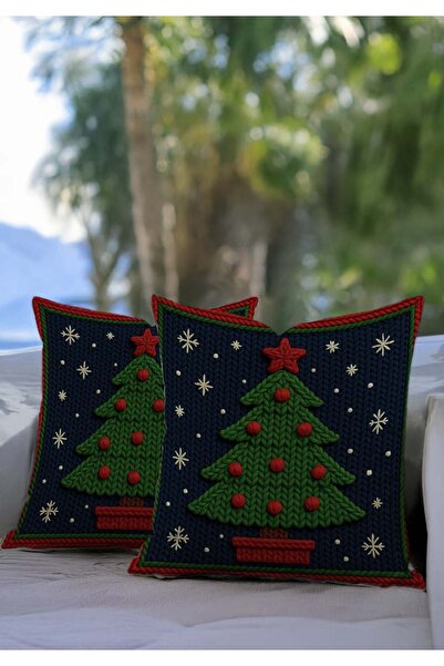 Pillow Home غطاء وسادة رقمي ذو طابع عيد الميلاد باللون الأزرق الداكن بنمط شجرة عيد الميلاد، مطبوع قطعة